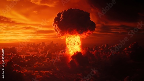 A towering mushroom cloud rising into the sky after a nuclear explosion, with intense orange and red tones contrasting against a dark sky, creating a scene of devastation photo