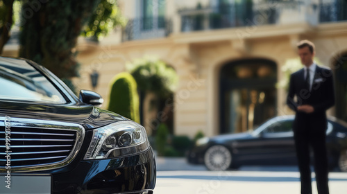 Luxury car parked in front of an upscale hotel with a uniformed valet in the background. photo