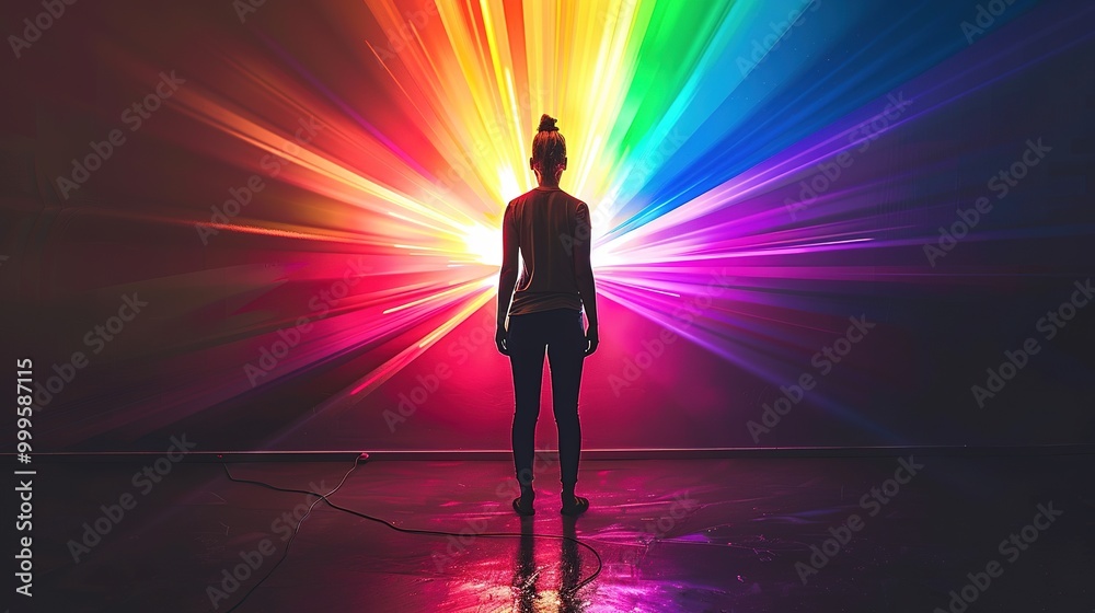 A Person Standing with Their Back to the Camera, Facing a Glowing Prism Emitting Colorful Beams of Light. Dark Background. DEIB, unity,harmony,hope,future,diversity, cultural identity, 4k A Person Standing with Their Back to the Camera, Facing a Glowing Prism Emitting Colorful Beams of Light. Dark Background. DEIB, unity,harmony,hope,future,diversity, cultural identity, 4k