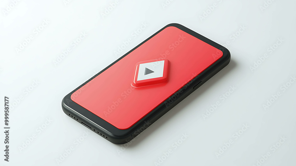 A black phone with a red screen and a play button icon on the screen. A black phone with a red screen and a play button icon on the screen.