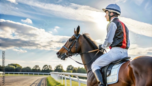 Equestrian Jockey Getting Ready for Competition, Horse Racing Track Setting, Dynamic Sports Atmosphere.