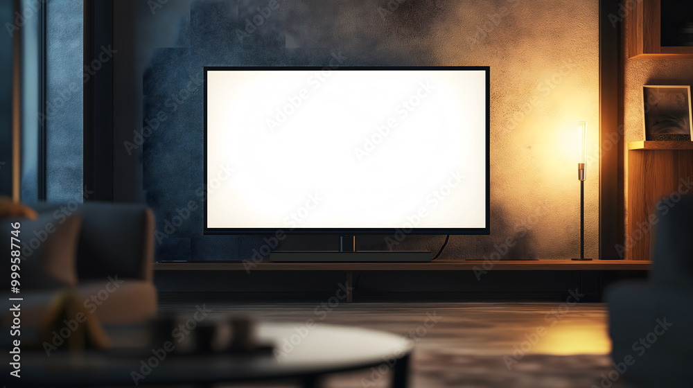 Television with a blank white screen, empty TV screen in the living room Television with a blank white screen, empty TV screen in the living room