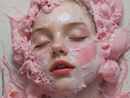 Surreal Portrait of a Woman Covered in Pink Foam