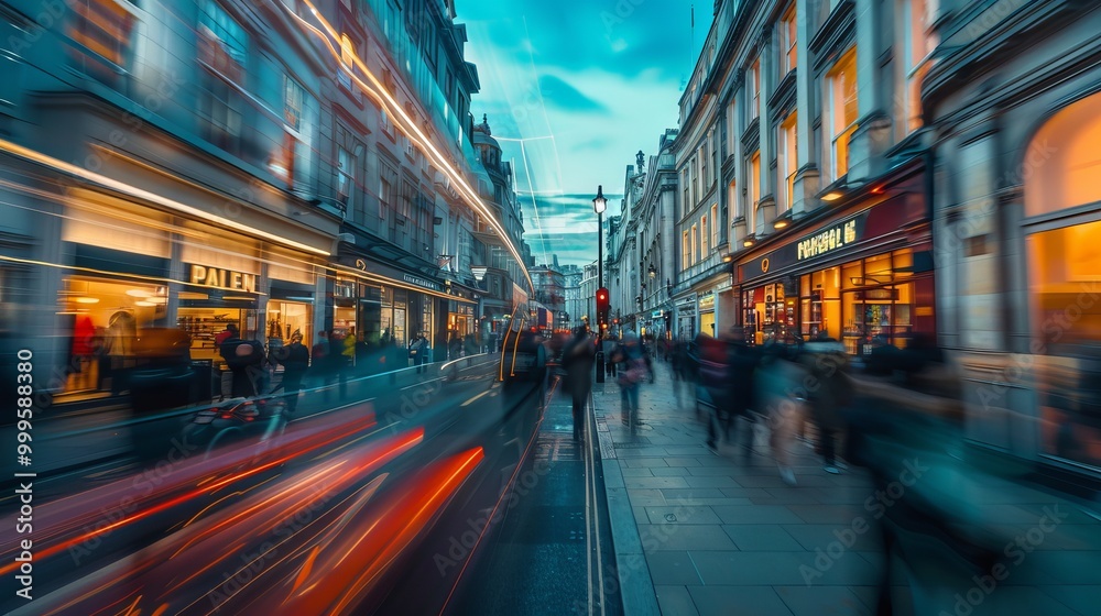 Fototapeta premium Motion blurred view of busy shopping street in London with pedestrians and vibrant storefronts