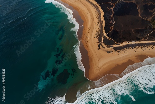 Aerial view of clean up after oil spill at Betzet nature reserve and Rosh-Hanikra beach in the distance, Northern District, Israel. Generative AI photo