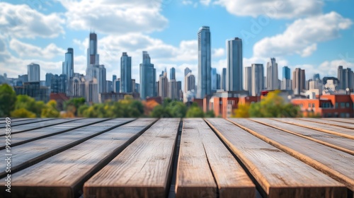 Wooden square and city skyline with buildings. 