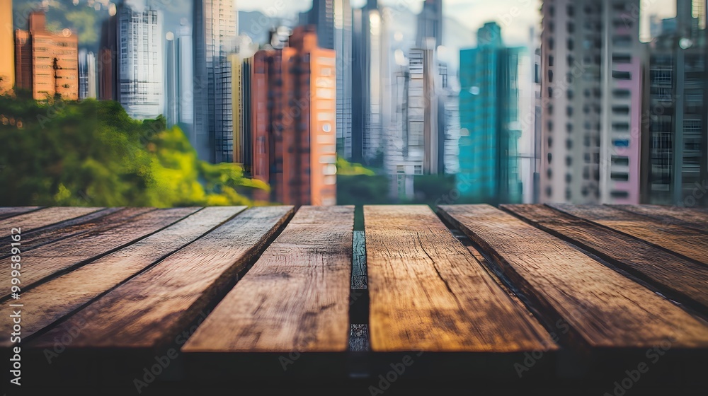 Wooden square and city skyline with buildings. Wooden square and city skyline with buildings.