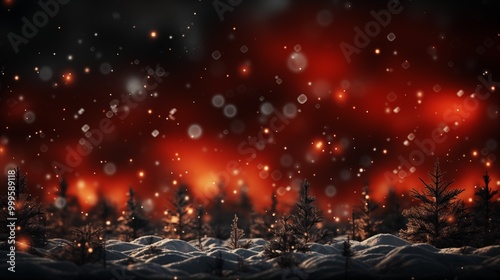 A solid red Xmas background with snowflakes and lights. 