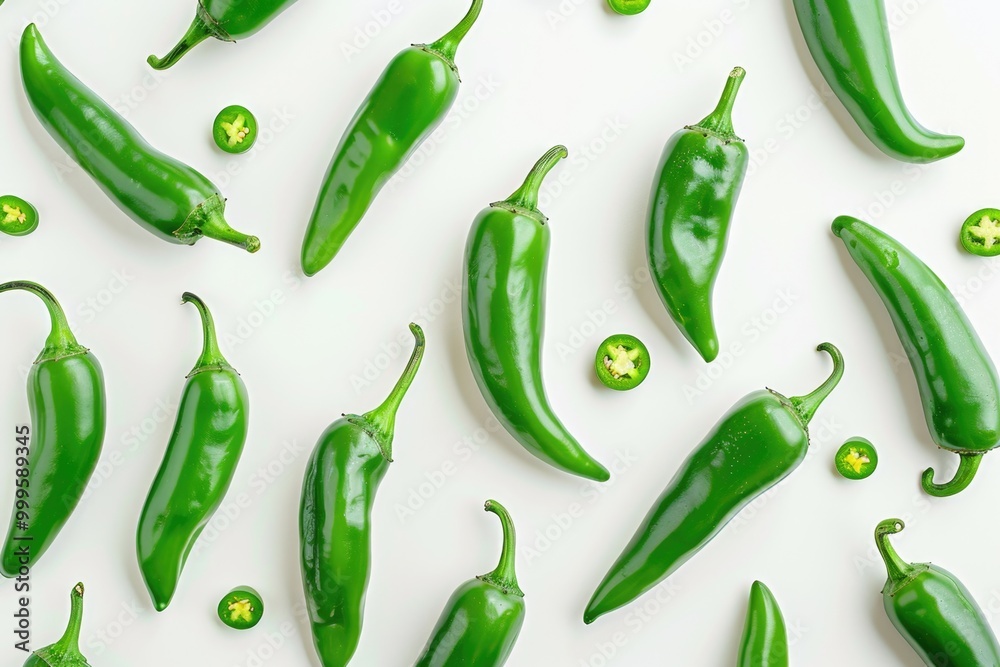 A collection of green peppers arranged on a clean white background A collection of green peppers arranged on a clean white background