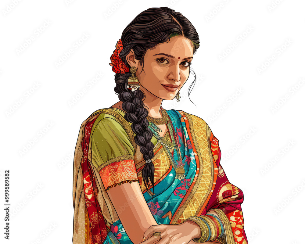 A young female Indian businesswoman in traditional and contemporary fusion wear, white background.