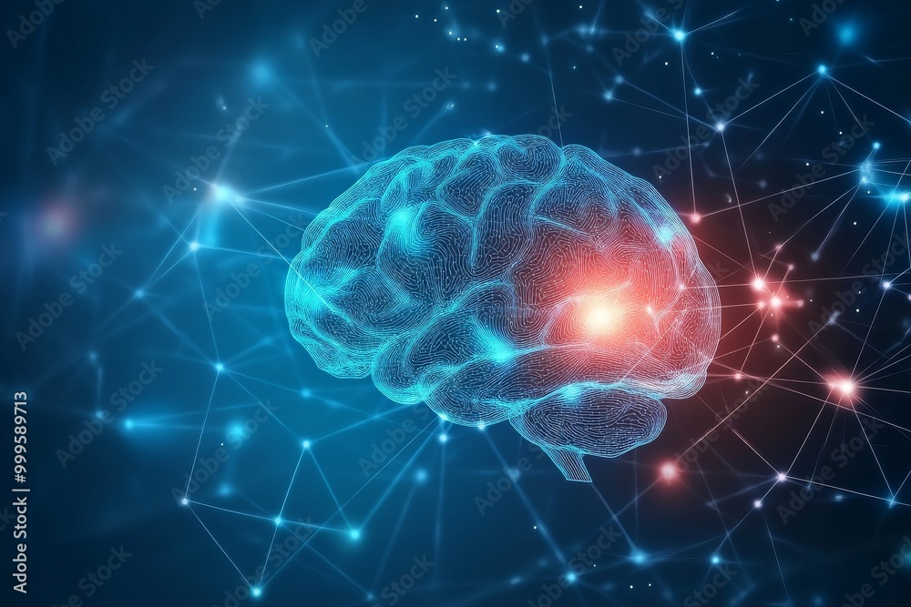 Obraz premium Abstract brain with glowing connections on blue background. Generative AI.