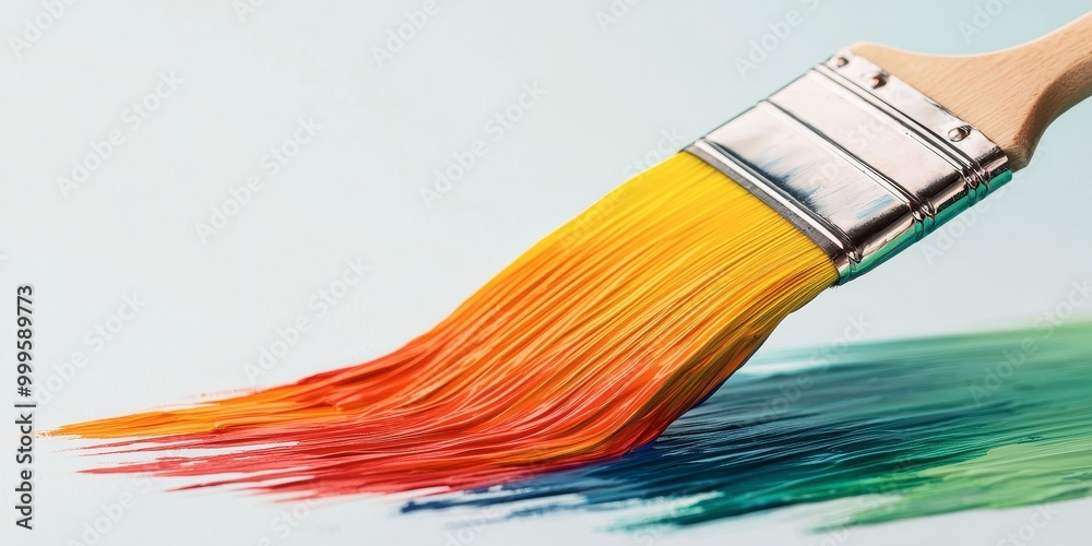 A vibrant paintbrush with a blend of yellow, orange, and green strokes creates a colorful splash on a soft backdrop. A vibrant paintbrush with a blend of yellow, orange, and green strokes creates a colorful splash on a soft backdrop.