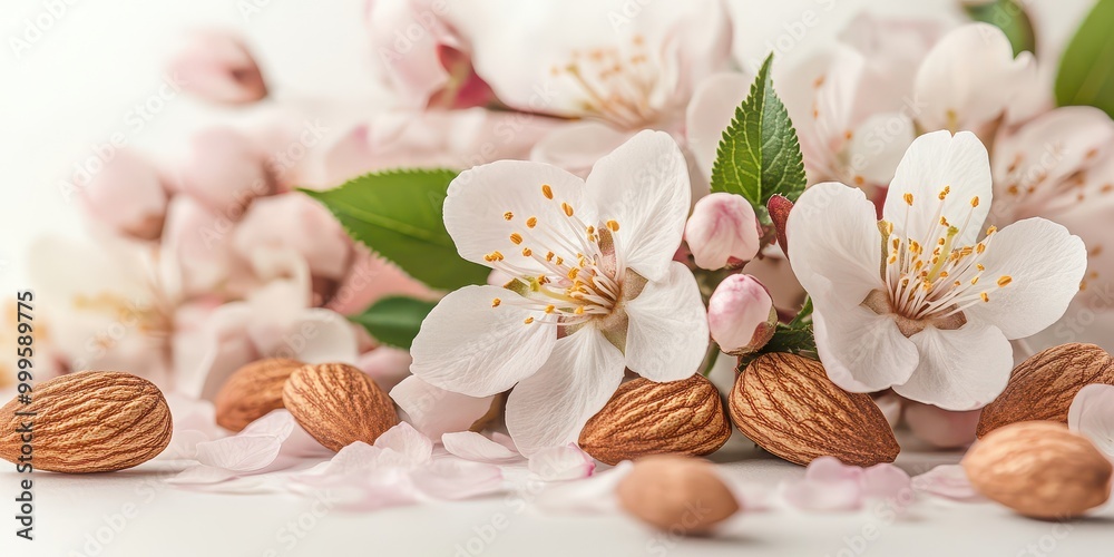Almond Flowers with Nuts on Soft Background Almond Flowers with Nuts on Soft Background