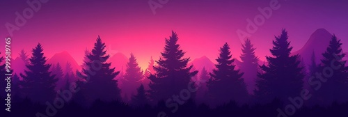 Silhouettes of pine trees against a vibrant sunset sky