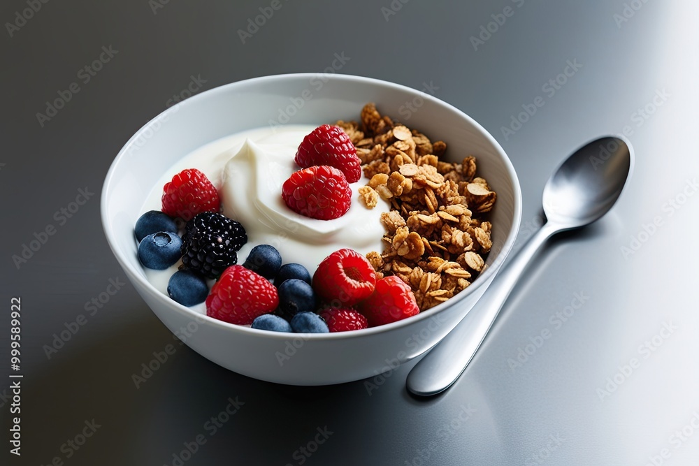Stylish Bowl of Granola Yogurt and Fresh Berries on Minimalist Background Stylish Bowl of Granola Yogurt and Fresh Berries on Minimalist Background