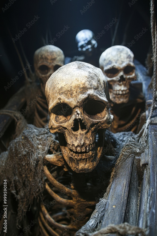 A dramatic close-up of skeletal remains, shrouded in shadows and weathered textures, creating an eerie atmosphere, Ideal for Halloween themes, horror projects, documentaries