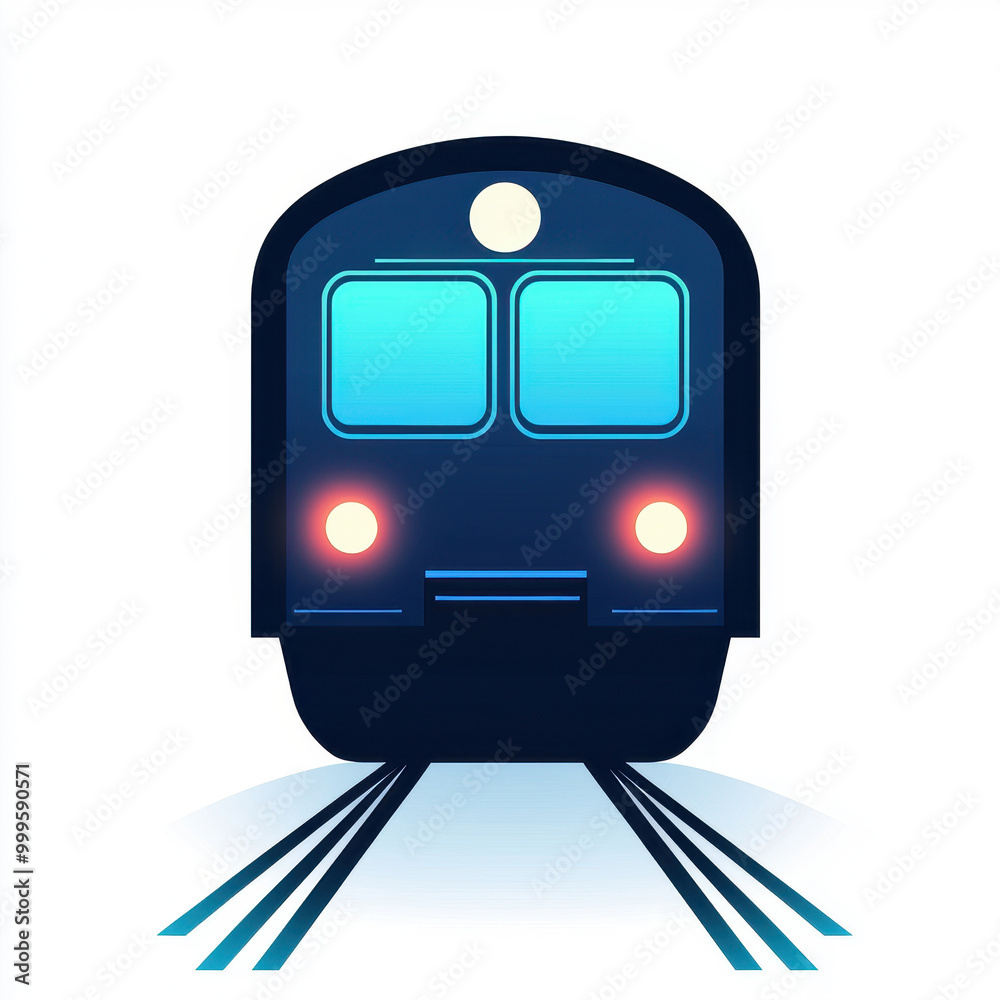 Stylized front view of a modern train with blue lights and tracks, ideal for transport and travel themes. Stylized front view of a modern train with blue lights and tracks, ideal for transport and travel themes.