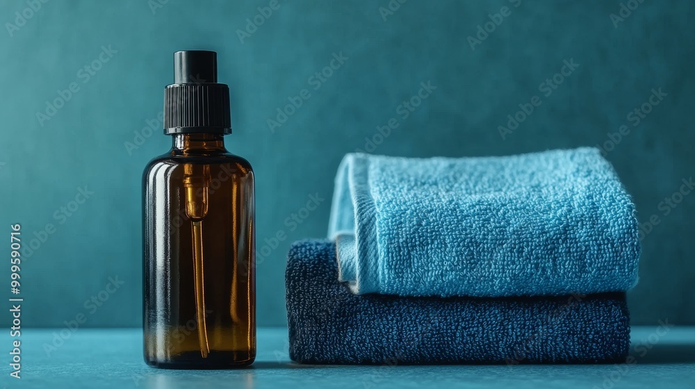 Unbranded bottle with batcher on towel background in duo-tone blue Unbranded bottle with batcher on towel background in duo-tone blue