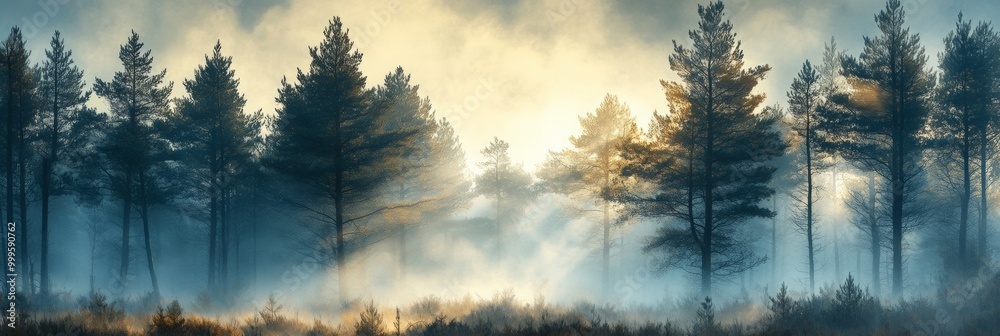 Misty Forest Pines, towering pine trees shrouded in mist, sharp details contrast with a soft, ethereal atmosphere, inviting tranquility and reflection