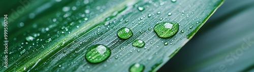 Close-up of a green leaf with vibrant water droplets, showcasing nature's beauty and freshness after a rain. photo