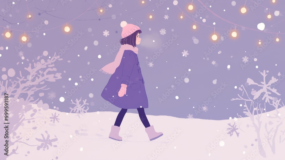 Snowy twilight scene. Purple sky with falling snowflakes. Silhouette of person walking. String lights add warmth. Serene winter atmosphere with gentle illumination. Snowy twilight scene. Purple sky with falling snowflakes. Silhouette of person walking. String lights add warmth. Serene winter atmosphere with gentle illumination.