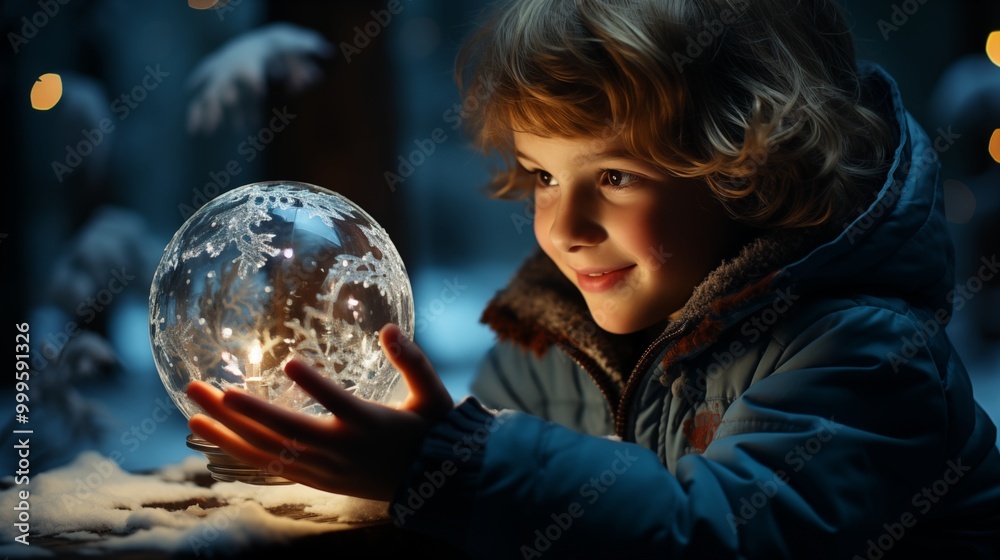 Naklejka premium A wonder on a child's face as unwrap present to find magical snow globe that transports.