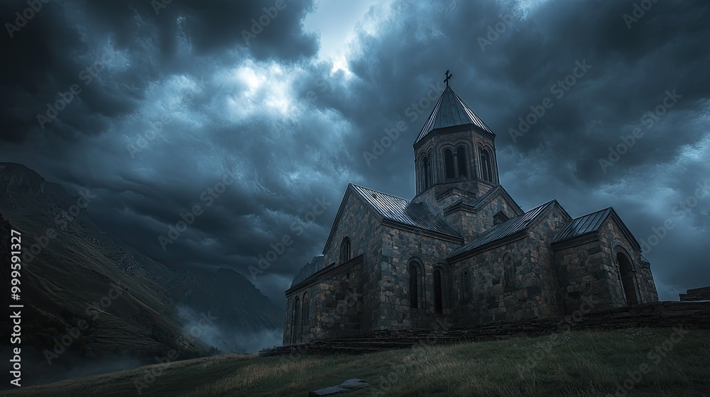 Fototapeta premium A dramatic stormy sky over Kazbegi Gergeti Trinity Church, with dark clouds rolling in and casting a moody atmosphere over the historic site.