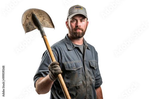 A landscaper in a work shirt, holding a shovel and a rake, on a white background photo