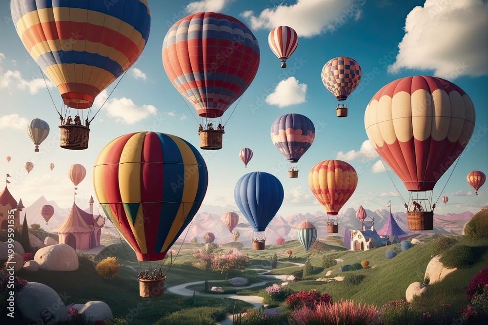 Naklejka premium Vibrant Hot Air Balloons in a Magical Fantasy Landscape