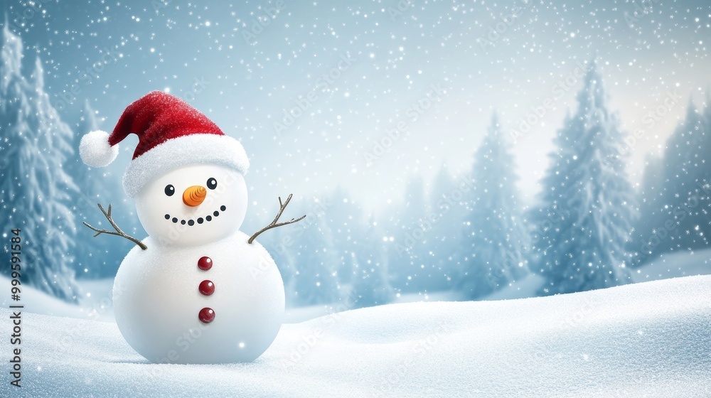 Fototapeta premium Merry christmas and happy new year greeting card with copy-space.Happy snowman standing in winter christmas landscape.Snow background