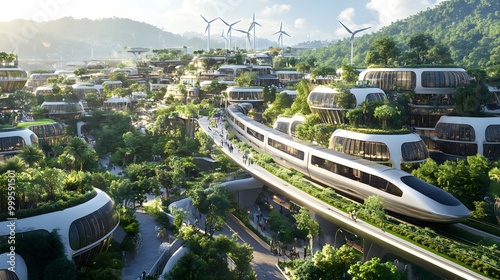 An aerial perspective of a vibrant futuristic city, showcasing cutting-edge transportation solutions like high-speed hover trains and smart bike lanes. The cityscape is dotted with eco-friendly 