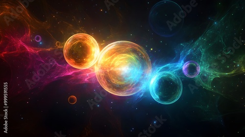 An artistic representation of radiant spheres in a spectrum of vibrant colors gracefully orbiting a luminous core in a cosmic setting. The glowing spheres appear to dance around the central 