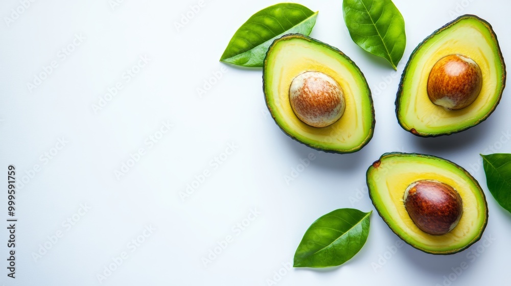 Fresh avocado with leaves on white background. Halves of fresh avocado at border of image with copy space for text. Top view. Vegetarian or healthy eating. Fresh avocado with leaves on white background. Halves of fresh avocado at border of image with copy space for text. Top view. Vegetarian or healthy eating.