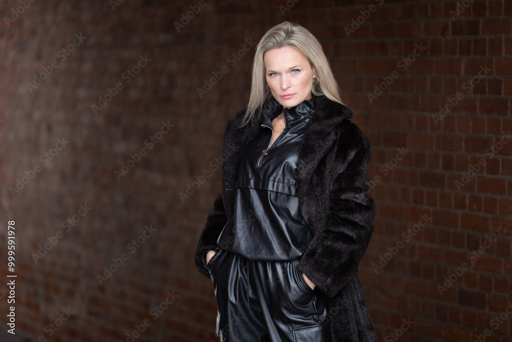 Naklejka premium Portrait of a beautiful young blonde woman in a black coat on a brick wall background