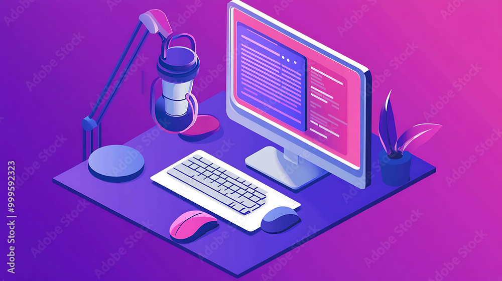 An isometric illustration of a computer desk with a monitor, keyboard, mouse, microphone, and plant. An isometric illustration of a computer desk with a monitor, keyboard, mouse, microphone, and plant.