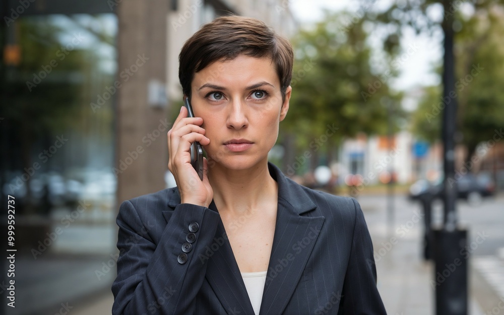 Portrait of a serious businesswoman talking on the phone outdoors in a city environment Portrait of a serious businesswoman talking on the phone outdoors in a city environment