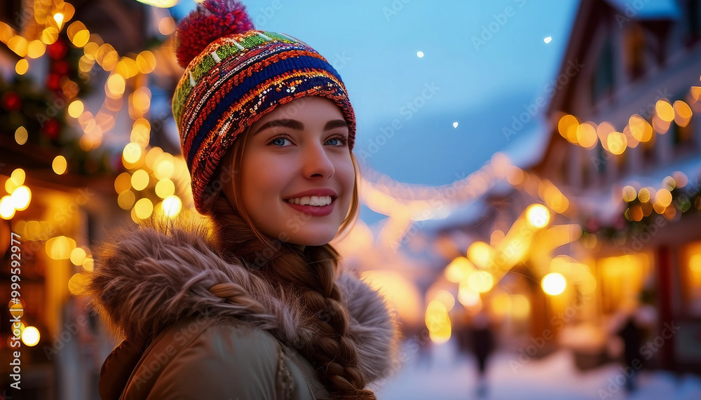 A cheerful young woman with braided hair, wearing a cozy coat and a colorful beanie, standing A cheerful young woman with braided hair, wearing a cozy coat and a colorful beanie, standing