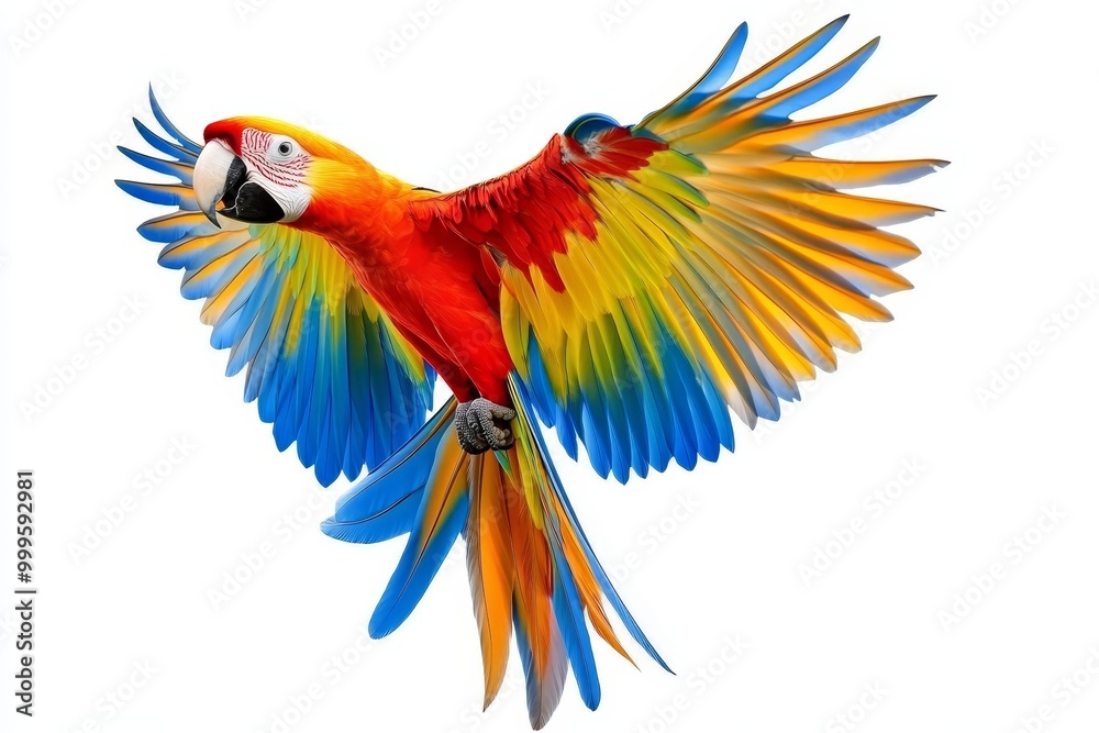 Fototapeta premium Colorful flying parrot isolated on white.