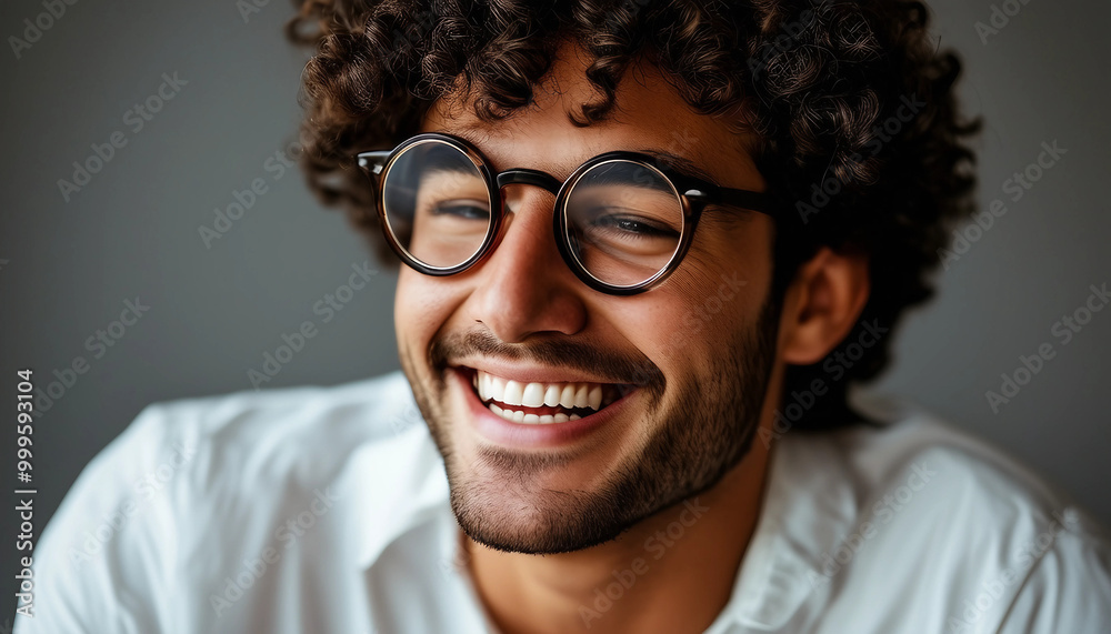 A close-up portrait of a man with dark curly hair and round glasses, mid-laughter. His bright white A close-up portrait of a man with dark curly hair and round glasses, mid-laughter. His bright white