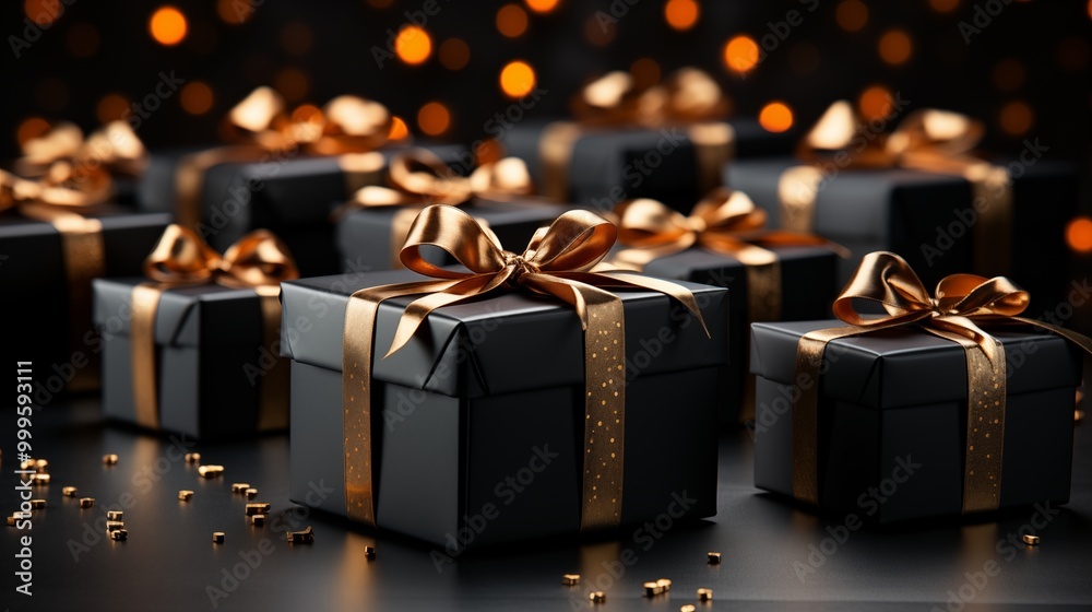 Black gift boxes arranged on dark background. Black gift boxes arranged on dark background.
