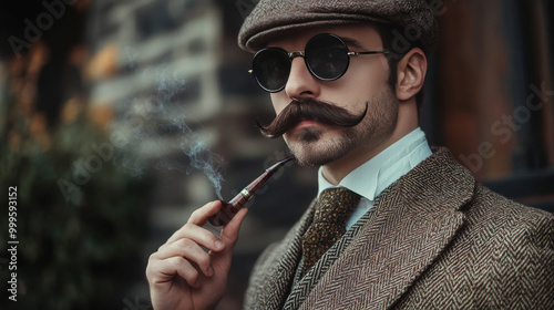 Stylish accessories for men, from Victorian times to today. Think classic brogues, a dapper mustache, and sophisticated details like a smoking pipe and a monocle. photo