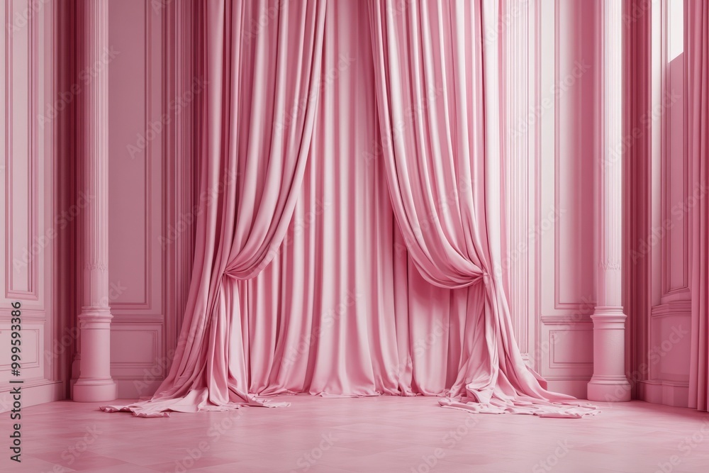 Pink Curtains Scene: 3D Rendering of Pink Toned Background with Pedestal and Floor Curtains Pink Curtains Scene: 3D Rendering of Pink Toned Background with Pedestal and Floor Curtains