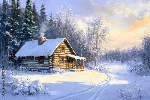 Cabin In The Snow. Winter Scene of Cozy Log Cabin Surrounded by Snowy Landscape