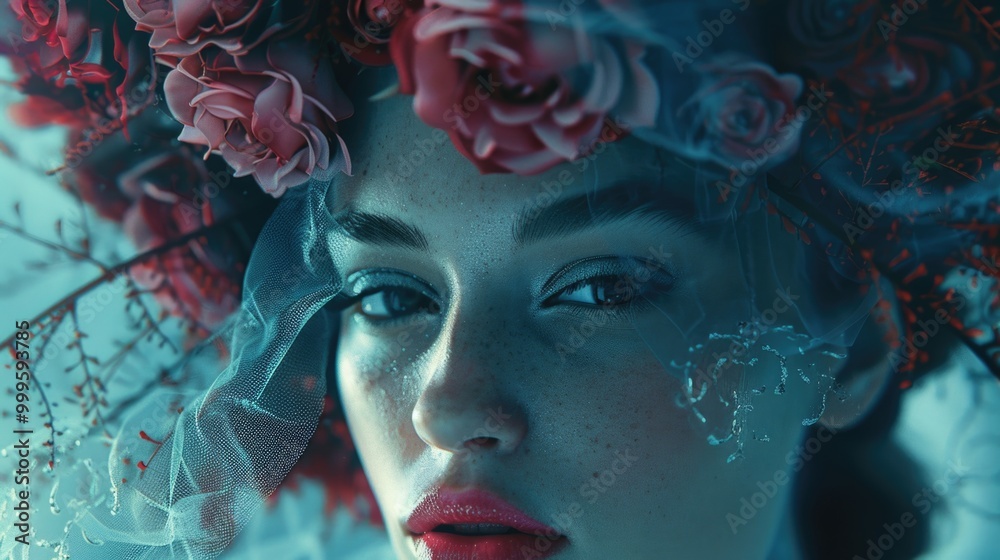 A close-up shot of a woman with flowers woven into her hair, possibly for a special occasion or as a symbol of love and beauty