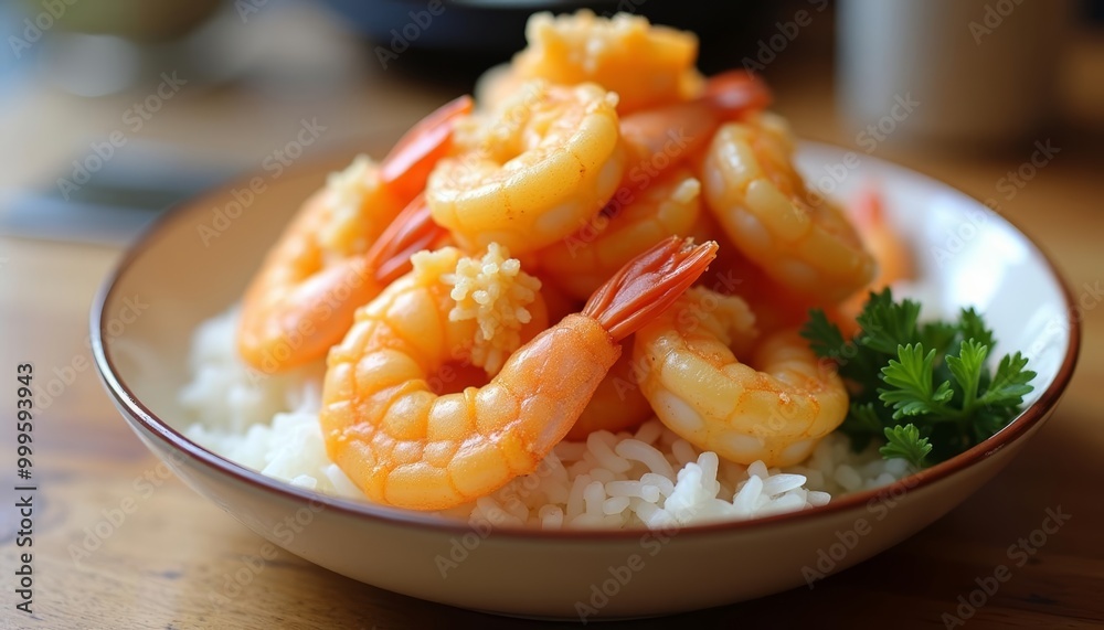Delicious shrimp stirfry on a bed of rice ready to be savored Delicious shrimp stirfry on a bed of rice ready to be savored