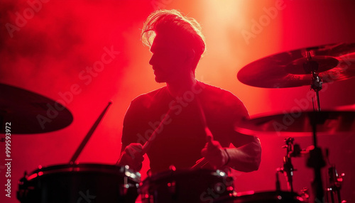 A focused musician playing the drums, lit by intense red lighting that casts dramatic shadows