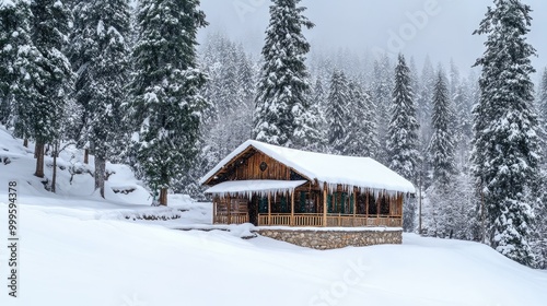 A serene view of a wooden cottage in Gulmarg, covered in fresh snow, nestled amidst pine forests. photo