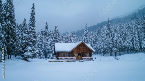 A serene view of a wooden cottage in Gulmarg, covered in fresh snow, nestled amidst pine forests.