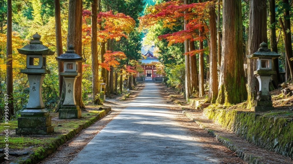 A serene walking path lined with maple trees in Hakone, leading towards the Hakone Shrine nestled in the forest. A serene walking path lined with maple trees in Hakone, leading towards the Hakone Shrine nestled in the forest.