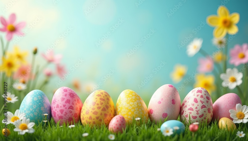  Bright and cheerful Easter scene with colorful eggs and flowers